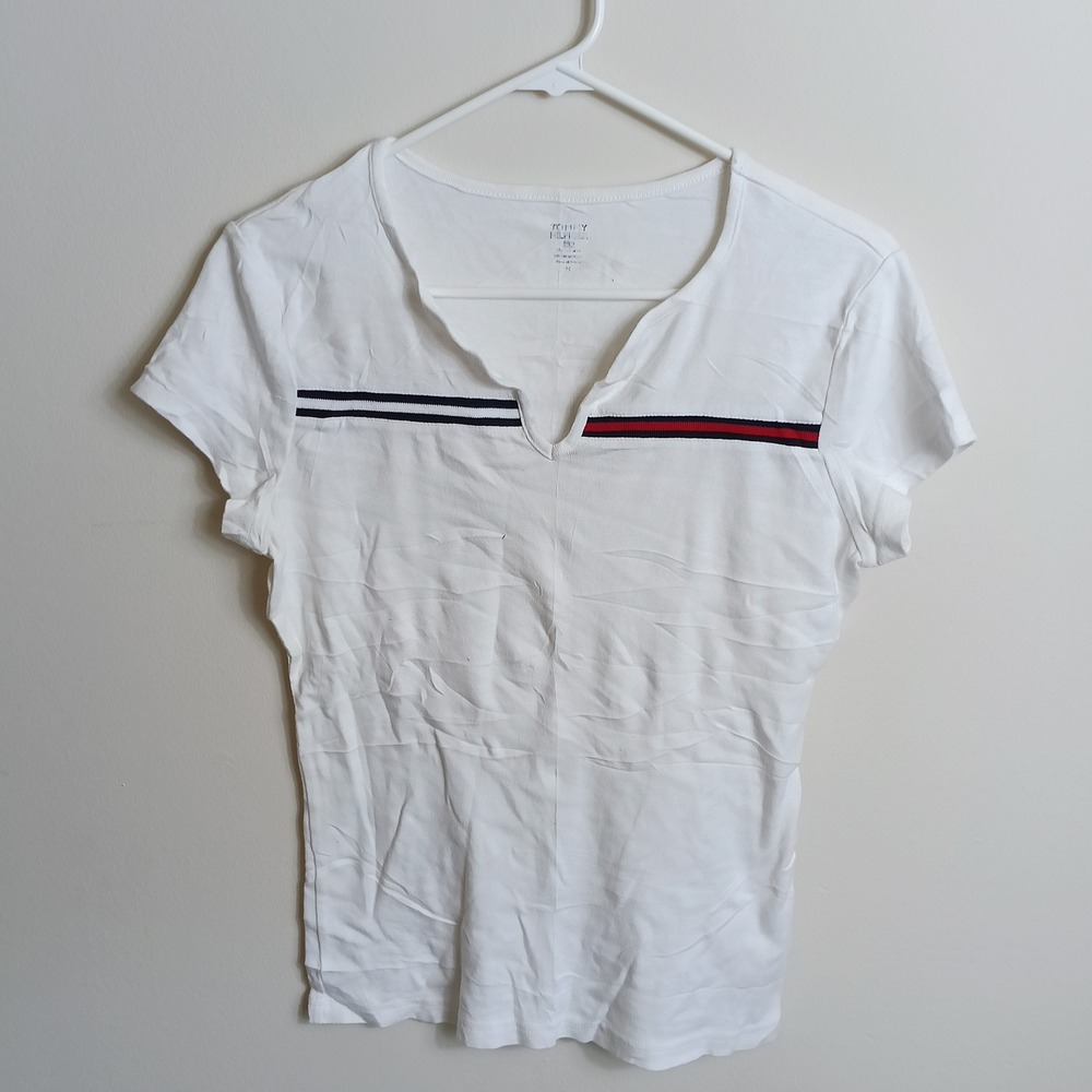 Tommy Hilfiger Split Neck Tee Womens M White Excellent Striped Ribbed Sporty
